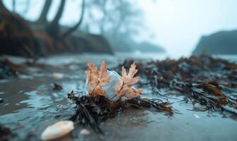 A leaf and shell on the beach in foggy weather photo