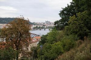Scenic view of prague castle and bridges from a lush hilltop park vysehrad photo