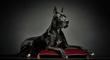 Majestic great dane resting on velvet cushion in studio setting photo