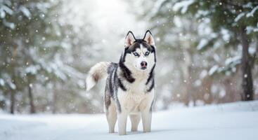 Siberian husky standing in winter snowfall in pine forest tranquility photo