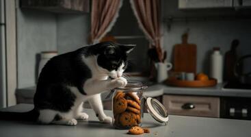 Curious tuxedo cat exploring cookie jar in cozy kitchen setting for culinary curiosity theme photo