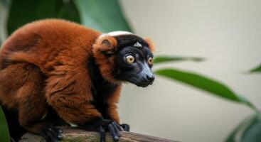 Close-up of red ruffed lemur on tree branch in lush greenery photo