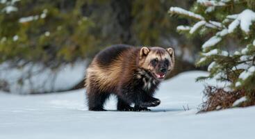 Wolverine in winter snowy forest setting for wildlife observation and nature exploration photo