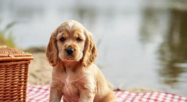 Adorable cocker spaniel puppy enjoying a picnic by the lake photo