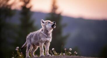 Wolf pup howling at dusk in a serene forest setting photo