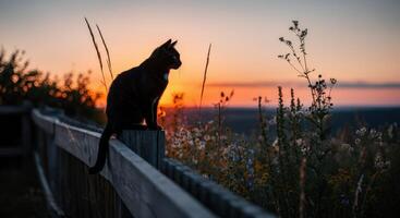Serene cat silhouette at sunset on rural fence line with wildflowers photo