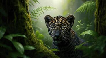 Majestic leopard in lush rainforest setting with sunlit ferns for wildlife art and conservation themes photo