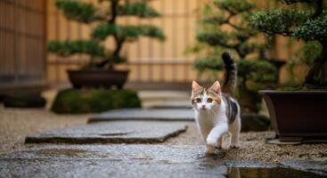 Curious cat exploring serene japanese garden with stone path and bonsai trees photo