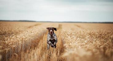 Energetic dog running through golden wheat field under cloudy sky photo