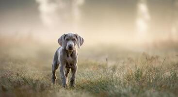 Tranquil morning scene with weimaraner puppy in nature photo