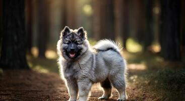 Fluffy eurasier dog in sunlit forest path perfect for canine lovers and nature enthusiasts photo