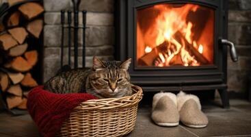 Cozy cat resting by a fireplace in winter setting with warm wool slippers photo