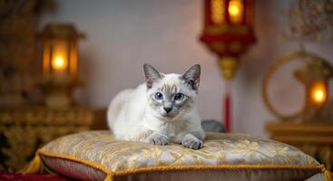 Royal siamese cat resting on ornate pillow with lanterns in cozy ambient setting photo