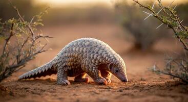 Pangolin in sunlit habitat exploring african wilderness scenery photo