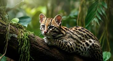 Ocelot in lush jungle habitat resting on mossy tree branch photo
