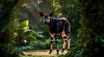 Okapi in lush greenery of dense tropical forest photo