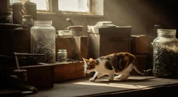 Curious calico cat exploring a sunlit antique workshop with jars and wooden boxes photo