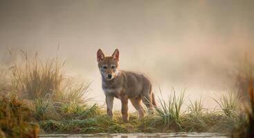 Young wolf pup exploring misty grassland at dawn in serene wilderness scene photo