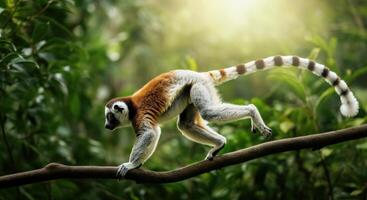 Agile lemur navigating sunlit jungle branch in madagascar photo