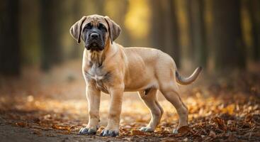 Young mastiff puppy in autumn forest setting for nature-touch design photo
