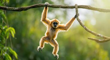 Golden gibbon hanging on tree branch in lush jungle setting photo