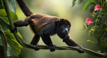 Howler monkey exploring lush jungle environment with pink blossoms photo