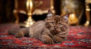 Adorable long-haired brown cat resting on ornate red persian rug in luxurious room photo