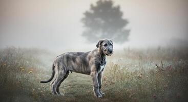 Majestic irish wolfhound in tranquil misty landscape at dawn photo
