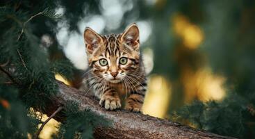 Curious tabby kitten exploring in a forest setting with lush greenery photo