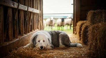 Sheepdog resting in barn with curious sheep looking on photo