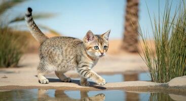 Curious kitten exploring desert oasis with reflections in tranquil landscape photo
