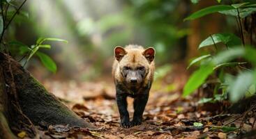 Curious bush dog exploring lush rainforest environment for wildlife conservation awareness photo