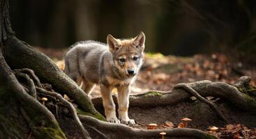 Young wolf pup in autumn forest with mushrooms and tree roots photo