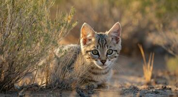 Curious kitten exploring nature in a serene desert environment photo
