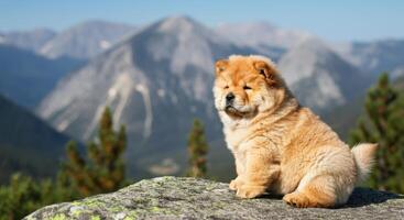 Fluffy chow chow puppy in mountain landscape photo