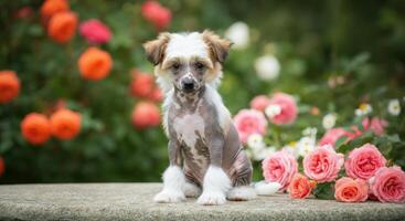 Adorable chinese crested puppy in a vibrant rose garden setting for pet lovers photo