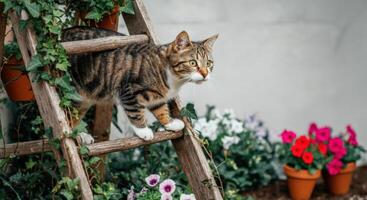 Curious tabby cat exploring a rustic wooden ladder in a vibrant garden setting photo