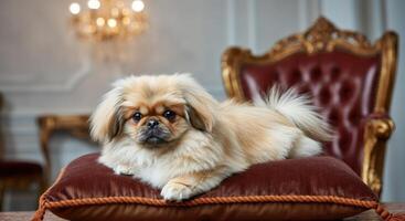 Elegant pekingese dog on luxurious cushion in classical interior setting photo