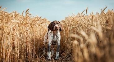 Playful pointer puppy exploring sunlit wheat field amidst golden crops on a sunny day photo