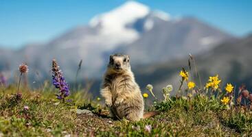 Alpine marmot in vibrant wildflower meadow with snow-capped mountains photo