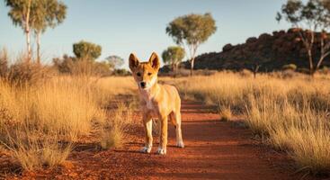 Australian outback adventure with lone dingo on red dirt path photo