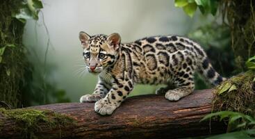 Young clouded leopard in lush jungle environment, exploring nature photo