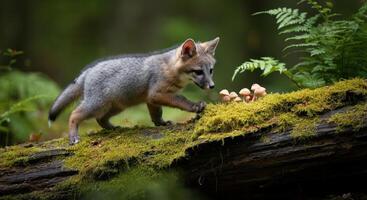 Young fox exploring moss-covered log with mushrooms in lush forest setting photo