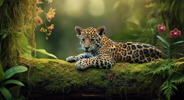 Young jaguar resting on mossy log in lush rainforest with orchids photo
