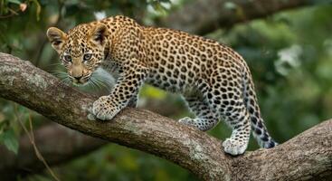 Young leopard cub balancing on tree branch in lush forest environment photo