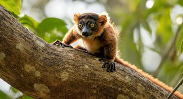 Red ruffed lemur perched on tree branch in lush madagascar forest photo