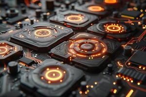 Futuristic Circuit Board with Glowing Orange Elements for Technology Design photo