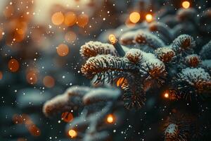 Festive Winter Pine Branch with Snow and Twinkling Holiday Lights photo