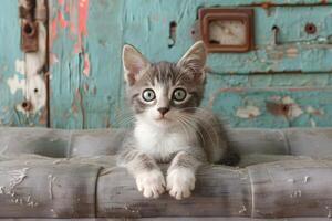 Adorable Gray Kitten with Wide Eyes Resting on a Rustic Surface in Vintage Setting photo
