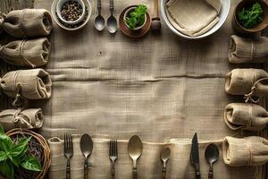 Rustic Dining Table Setting with Burlap and Vintage Cutlery for Farmhouse Decor photo
